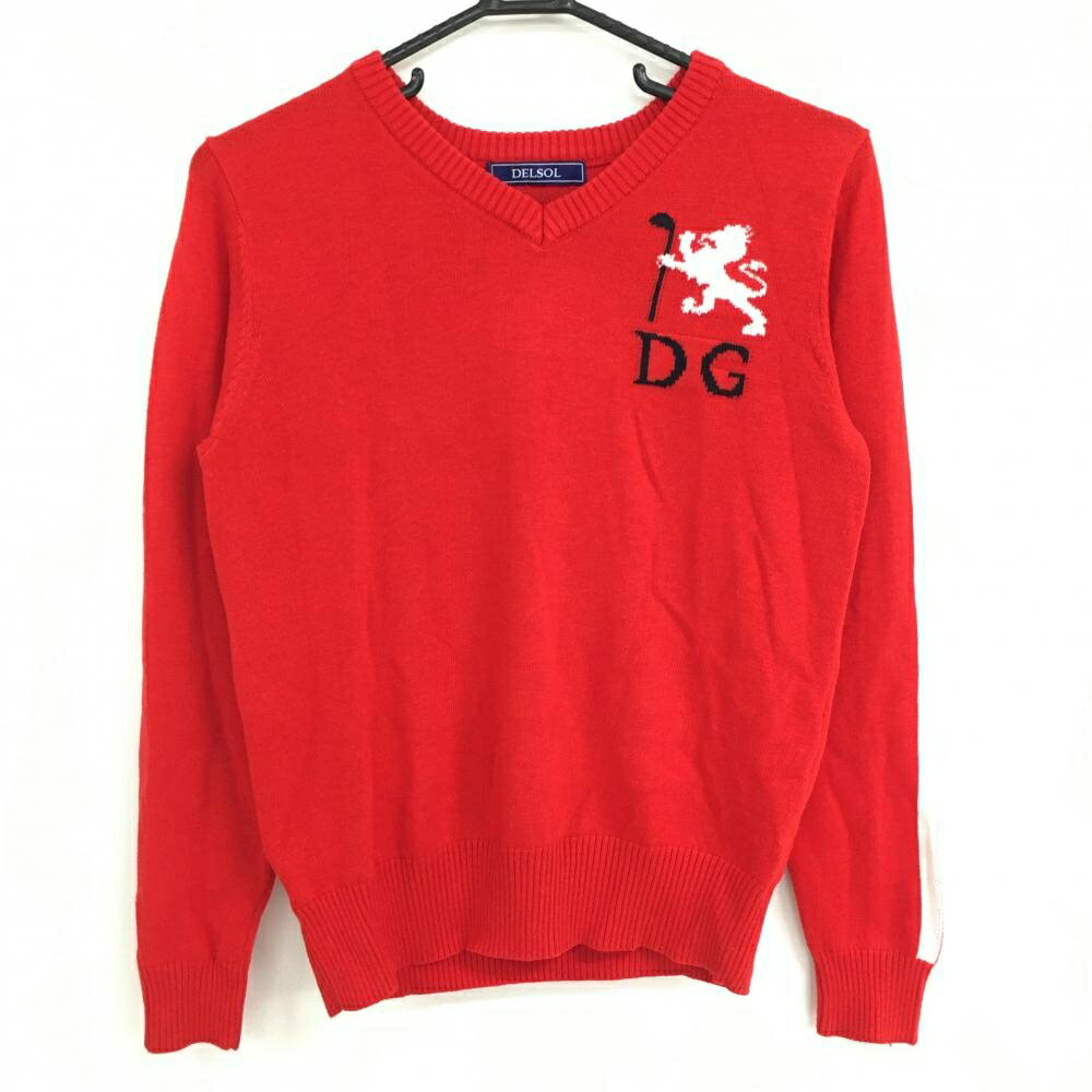 【当店ポイント5倍！3月11日(火)1時59分まで！】★特価★【美品】デルソル セーター レッド Vネック 胸元ロゴ ウール混 ニット レディース M ゴルフウェア DELSOL