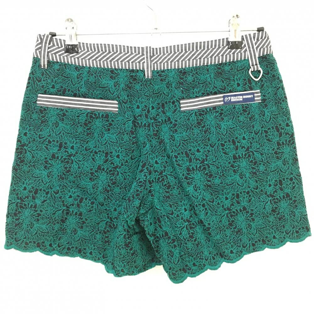 【超美品】マスターバニー ショートパンツ 黒×グリーン 花柄編み 一部斜めストライプ レディース 2(L) ゴルフウェア MASTER BUNNY EDITION