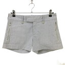 ★特価★【美品】ゾーイ ショートパンツ ライトグレー×白 細ストライプ ジップポケット レディース 40 ゴルフウェア ZOY
