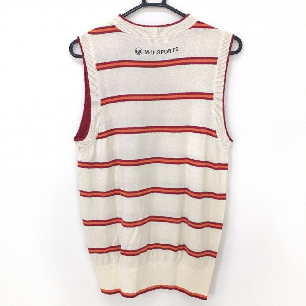 【美品】MUスポーツ ニットベスト アイボリー×レッド ボーダー レーヨン混 レディース 40 ゴルフウェア M・U SPORTS