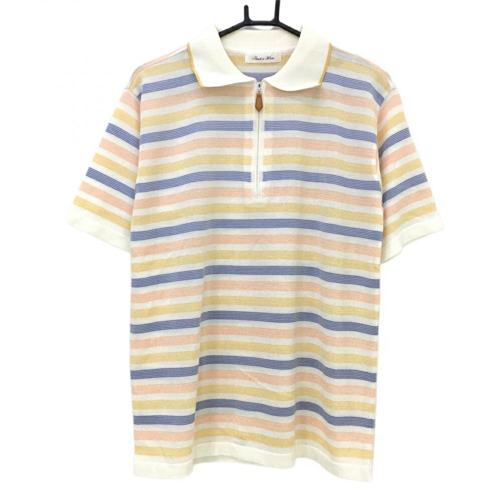 ★特価15%OFF★【超美品】ブラックアンドホワイト 襟付き半袖セーター 白×イエロー ボーダー ハーフジップ メンズ ゴルフウェア Black＆White