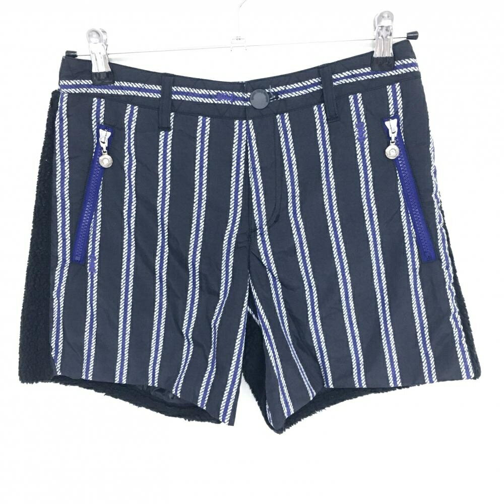 ★特価★【美品】ダンスウィズドラゴン 中綿ショートパンツ 黒×ブルー ストライプ ボア レディース 2(M) ゴルフウェア Dance With Dragon