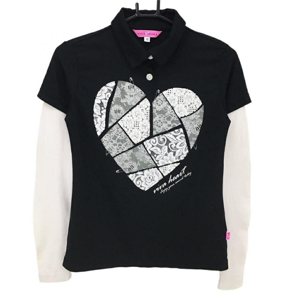 ★特価15%OFF★ビバハート 長袖ポロシャツ 黒×白 レイヤード レース レディース 40(M) ゴルフウェア VIVA HEART