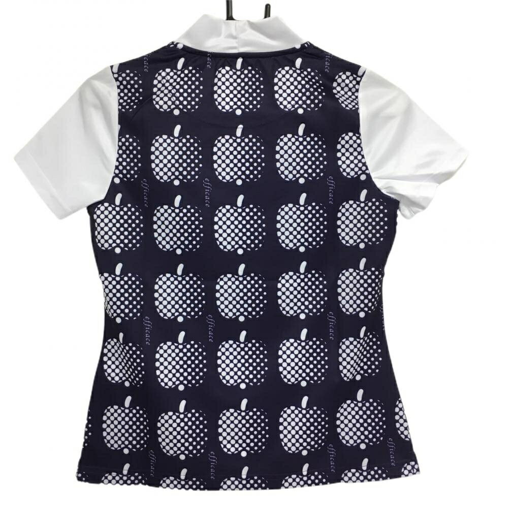 【新品】エフィカス 半袖ハイネックシャツ ネイビー×白 ドットアップル柄 レディース S ゴルフウェア efficace