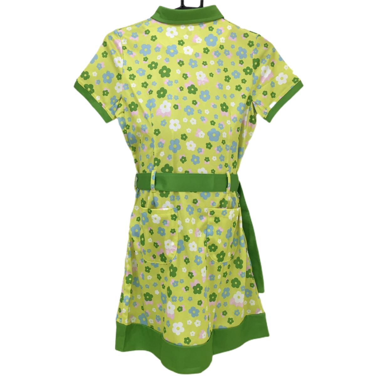 【新品】エフィカス 半袖ワンピース イエロー×ライトグリーン 花柄 インナーパンツ付き レディース 2(M) ゴルフウェア efficace