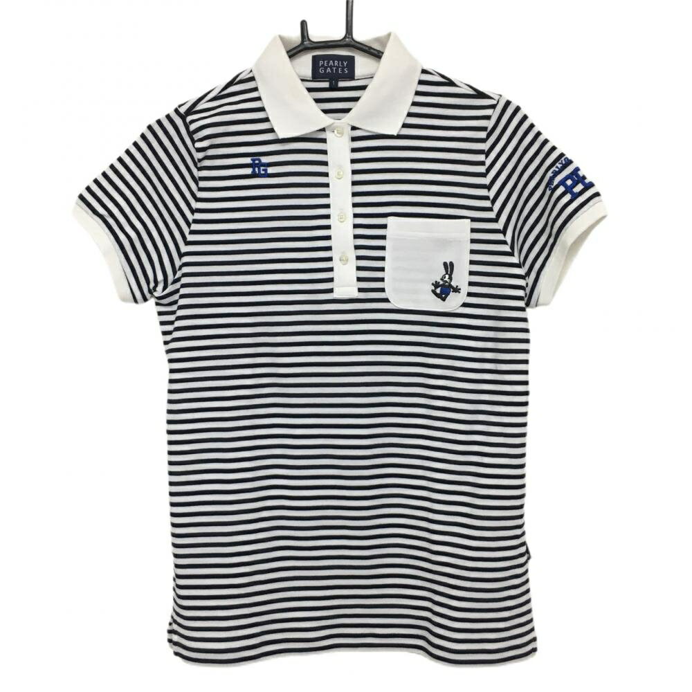 【美品】パーリーゲイツ×ディズニー 半袖ポロシャツ 黒×白 ボーダー オズワルド レディース 1(M) ゴルフウェア PEARLY GATES