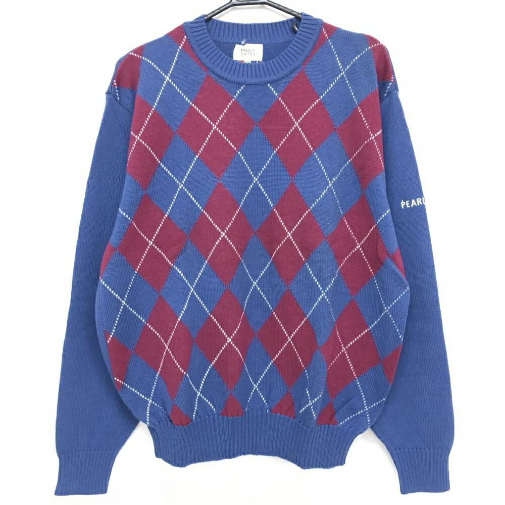 ★特価15%OFF★【美品】パーリーゲイツ セーター スモーキーブルー×ボルドー 前アーガイル ニット メンズ LARGE(L) ゴルフウェア PEARLY GATES