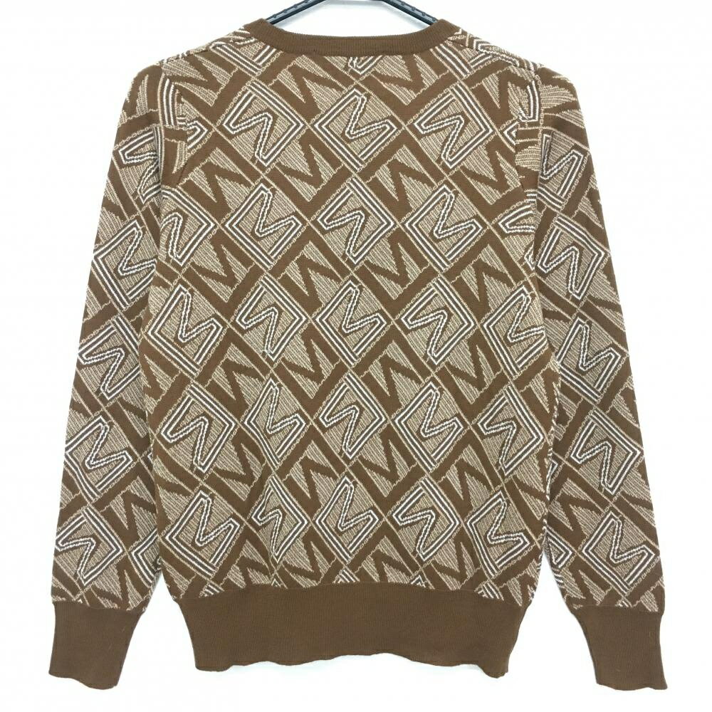 【超美品】マークアンドロナ セーター ブラウン 総柄 ニット Vネック ウール混 レディース M ゴルフウェア MARK＆LONA