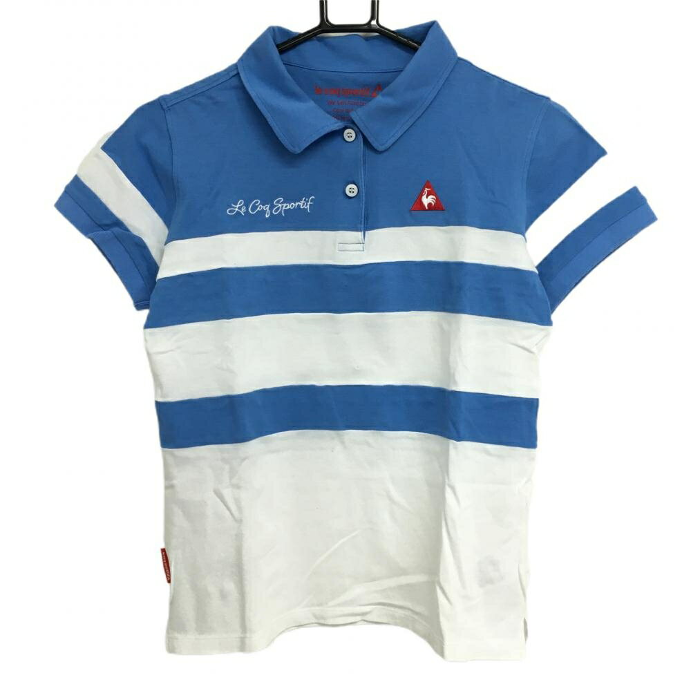 【美品】ルコック 半袖ポロシャツ ライトブルー×白 ボーダー調 レディース L ゴルフウェア le coq spor..