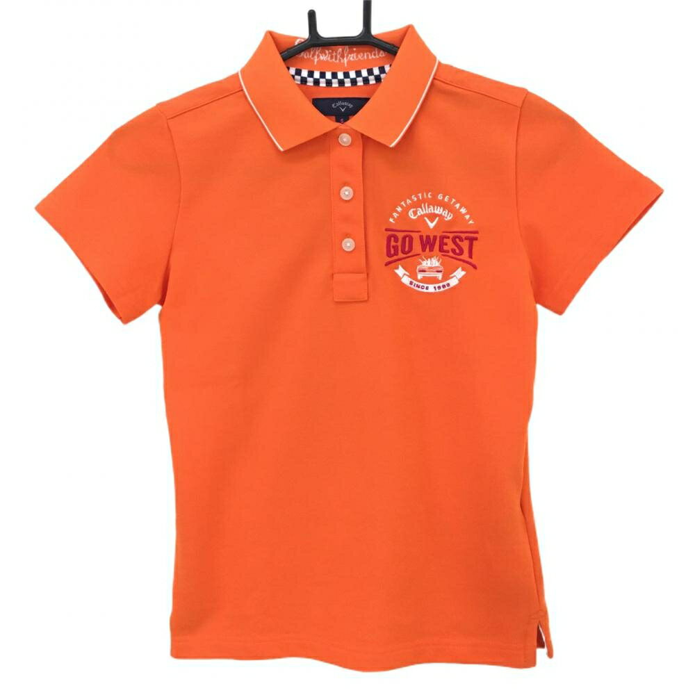 【超美品】キャロウェイ 半袖ポロシャツ オレンジ×白 ロゴ刺しゅう 襟ライン レディース S ゴルフウェ..