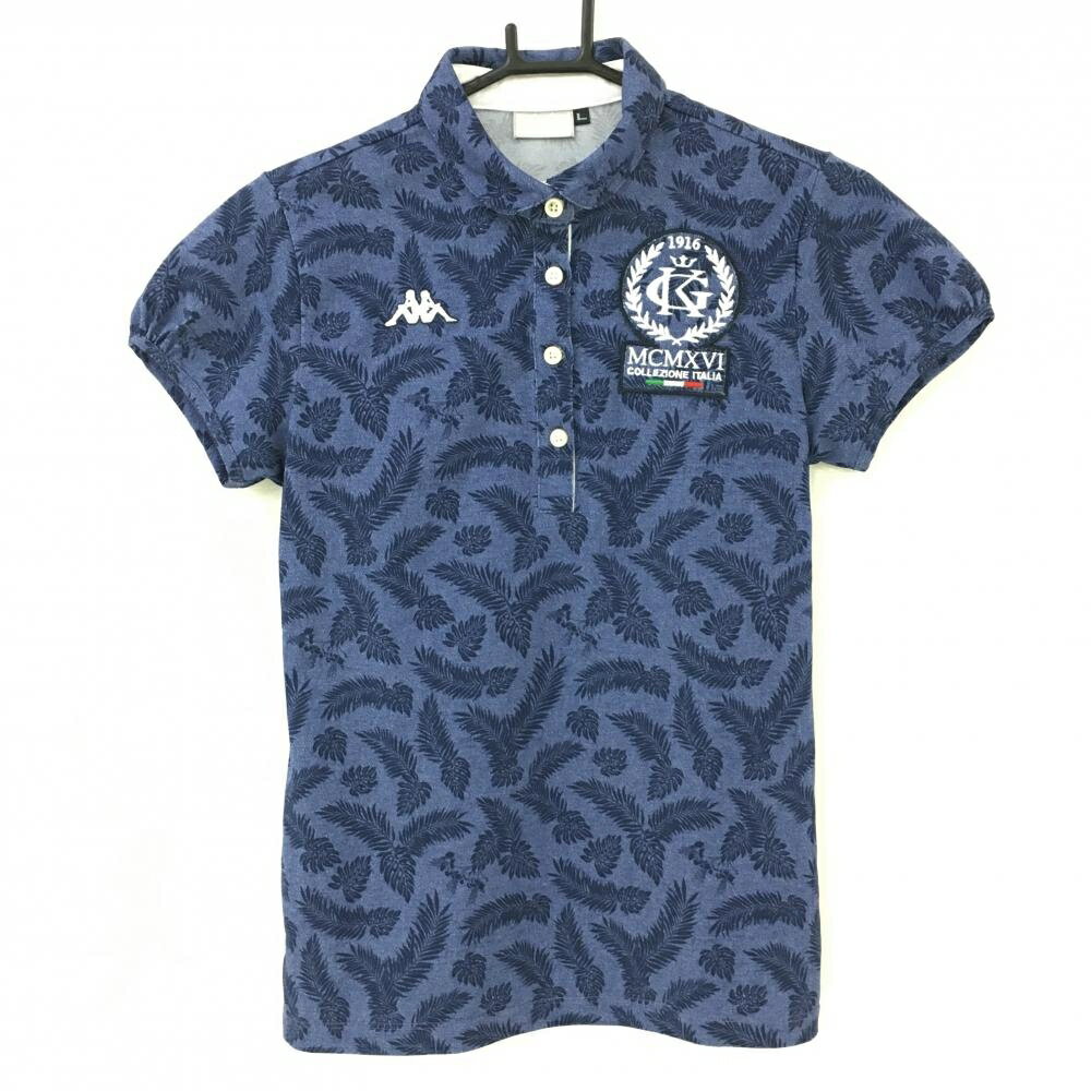 Kappa - 【超美品】カッパ 半袖ポロシャツ 杢ネイビー×ネイビー リーフ柄 ロゴ刺しゅう ワッペン レディース L ゴルフウェア Kappa