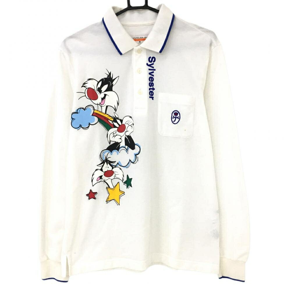 ★特価5%OFF★カステルバジャック×LOONEY TUNES 長袖ポロシャツ 白×ブルー 胸ポケット メンズ 48 ゴルフウェア CASTELBAJAC