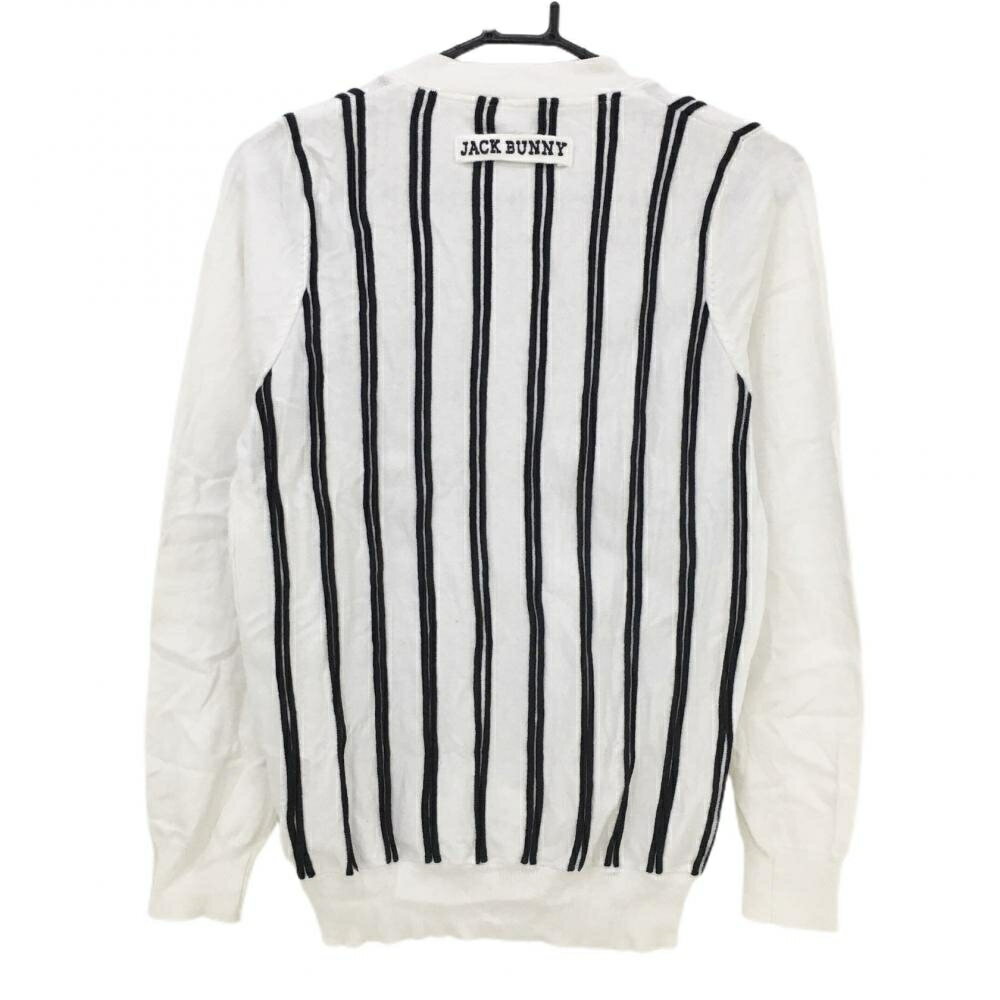 【美品】ジャックバニー ニットカーディガン 白×ダークネイビー ストライプ カシミヤ混 レディース 1(M) ゴルフウェア Jack Bunny