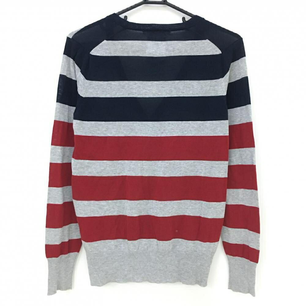 【美品】マークアンドロナ カーディガン ネイビー×グレー×レッド ボーダー ニット 薄手 レディース WM ゴルフウェア MARK＆LONA
