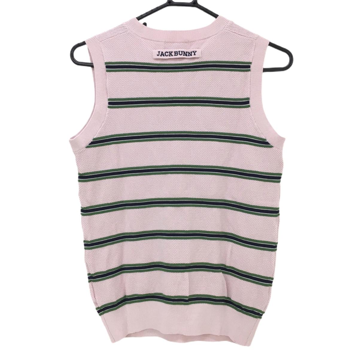 【美品】ジャックバニー ニットベスト ライトピンク×グリーン ボーダー柄 ロゴワッペン レディース 1(M) ゴルフウェア Jack Bunny