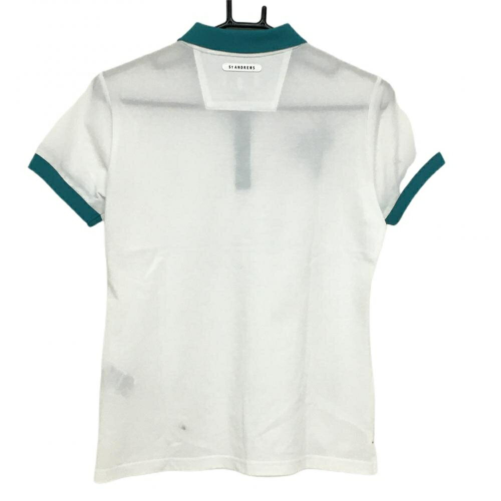 【美品】セントアンドリュース 半袖ポロシャツ 白×ブルーグリーン 襟一部透かし編み 花刺しゅう レディース S ゴルフウェア St ANDREWS