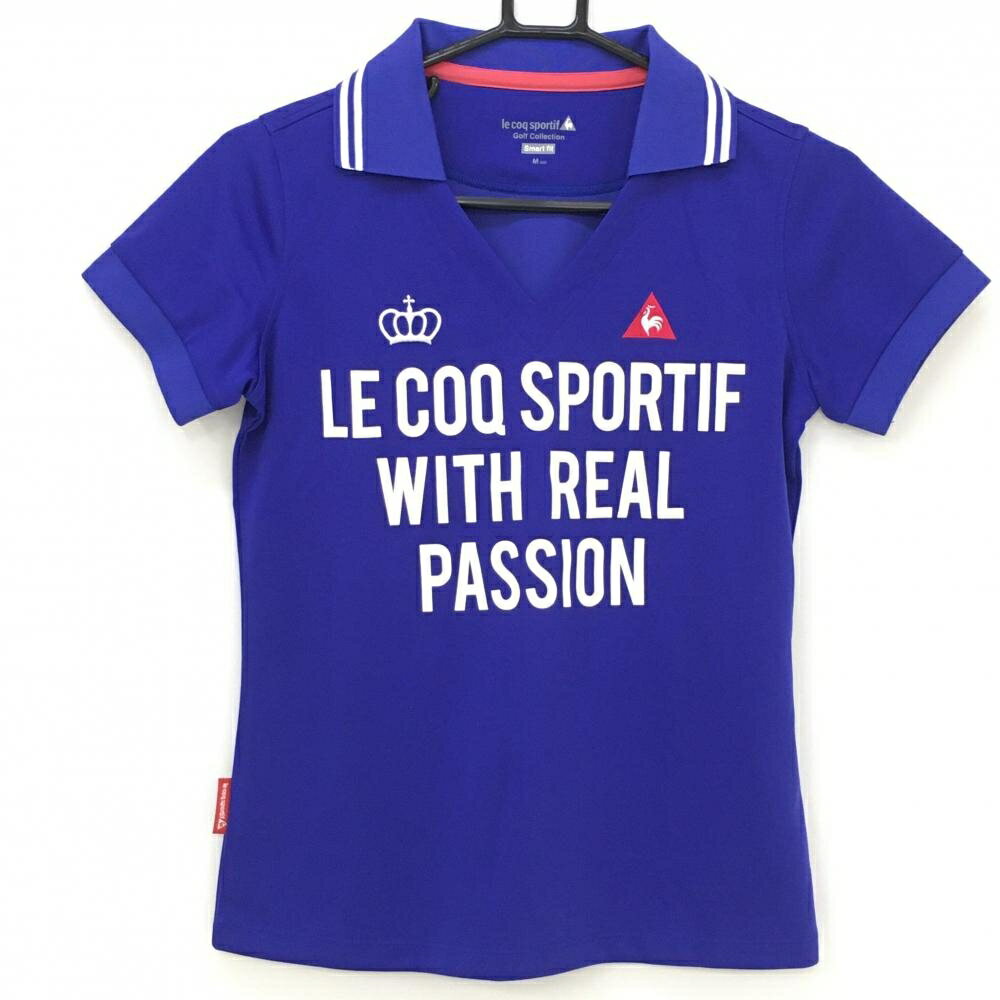 Le Coq - 【美品】ルコック 半袖スキッパーシャツ ブルーネイビー×白 ビックプリント ロゴ刺しゅう レディース M ゴルフウェア le coq sportif