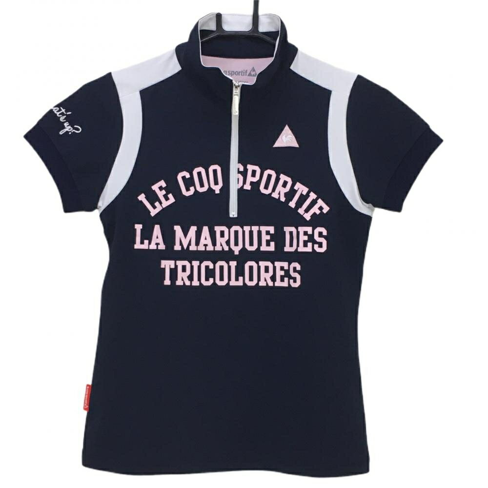 【美品】ルコック 半袖ハイネックシャツ ネイビー×ピンク フロント英字プリント ロゴ刺しゅう レディー..