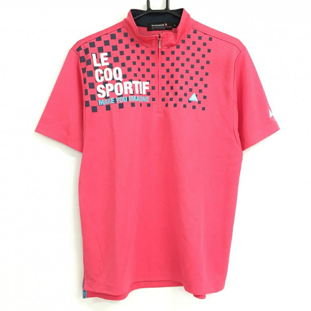 【当店ポイント5倍！6/4 20:00〜6/11 1:59まで】★特価★【超美品】ルコック 半袖ハイネックシャツ ピンク×ネイビー 前上部スクエア柄 ハーフジップ メンズ M ゴルフウェア le coq sportif