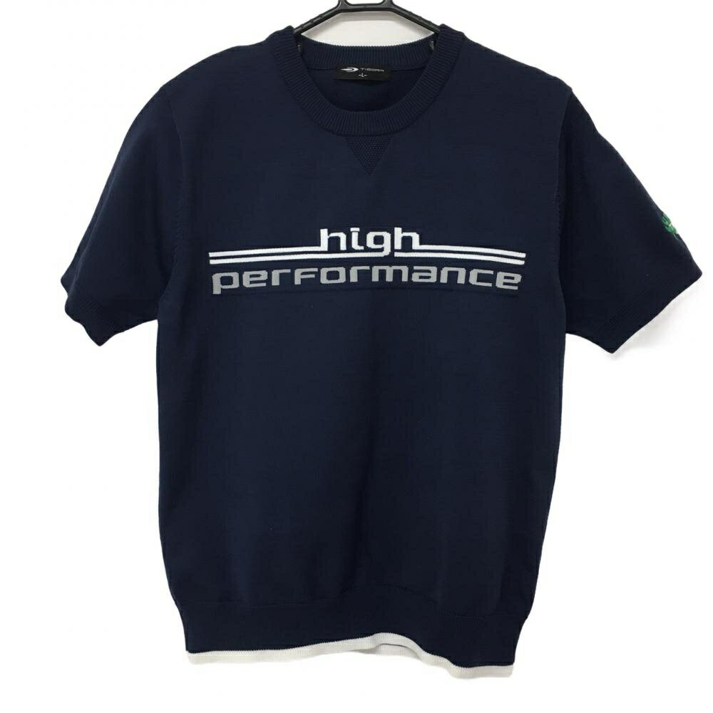 ★特価45%OFF★【美品】ティゴラ 半袖セーター ネイビー×白 袖刺しゅう メンズ L ゴルフウェア TIGORA