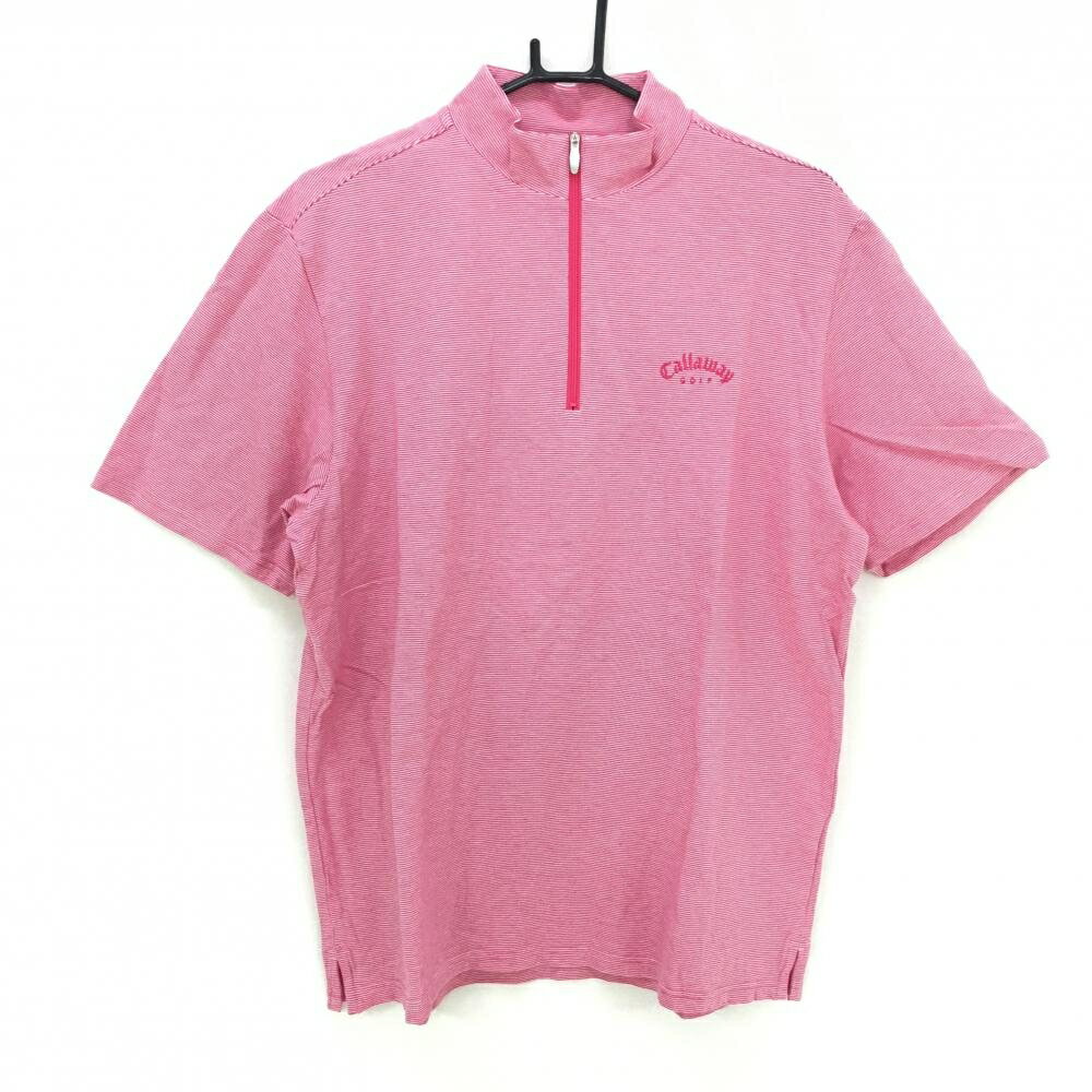 ★特価45%OFF★【美品】キャロウェイ 半袖ハイネックシャツ ピンク×白 細ボーダー調 ハーフジップ DRYSPORT メンズ LL ゴルフウェア Callaway