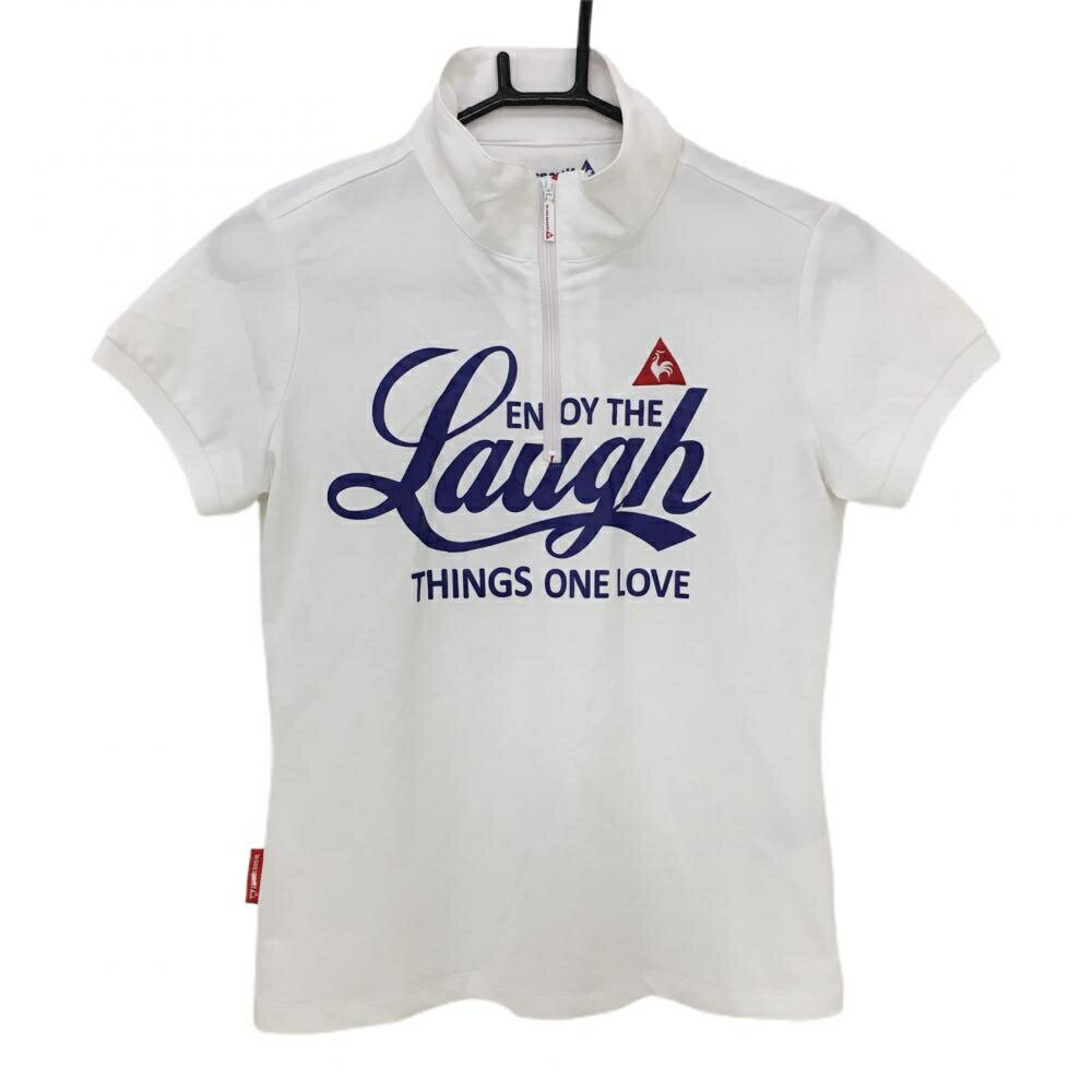 【美品】ルコック 半袖ハイネックシャツ 白×ブルーパープル ハーフジップ 英字プリント レディース M ゴルフウェア le coq sportif