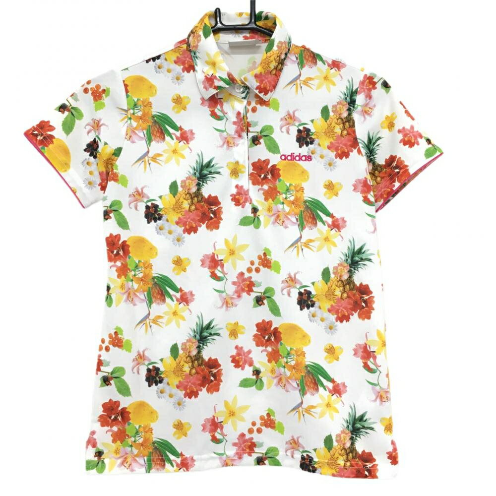 【超美品】アディダス 半袖ポロシャツ 白×マルチカラー 花柄 ロゴ刺しゅう レディース S/P ゴルフウェア adidas