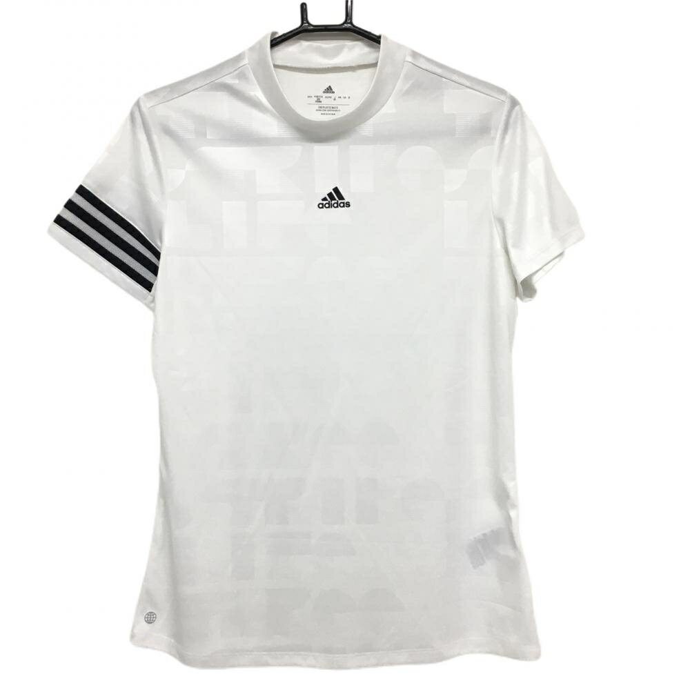 ★特価★【超美品】アディダス 半袖ハイネックシャツ 白×黒 袖3ライン 地模様 レディース OT ゴルフウェア 2023年モデル adidas