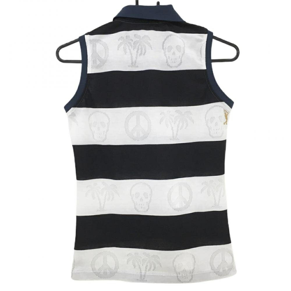 【超美品】マークアンドロナ ノースリーブポロシャツ 白×黒 ボーダー 一部透かし柄 スカル レディース M ゴルフウェア MARK＆LONA