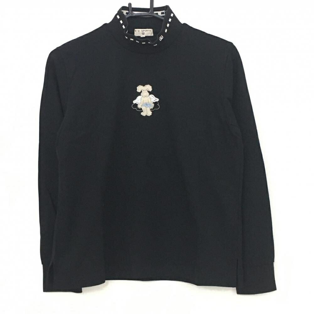 【美品】MUスポーツ 長袖ハイネックシャツ 黒 白 フロント犬刺しゅう レディース 38 ゴルフウェア M・U..