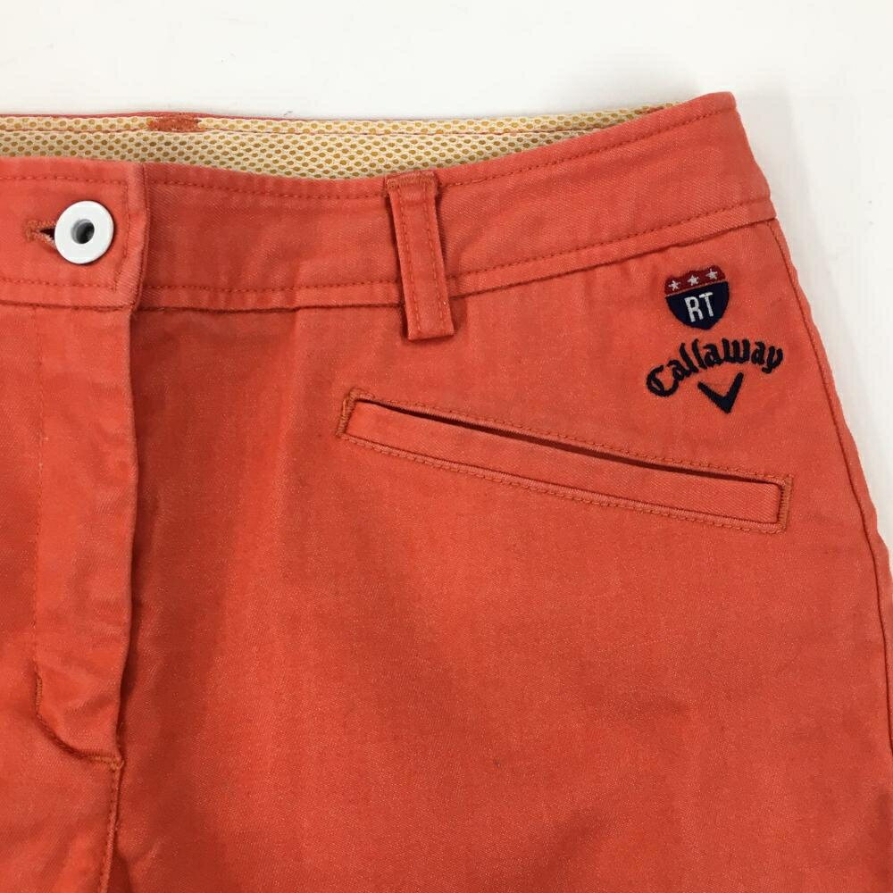 【美品】キャロウェイ パンツ オレンジ ウエスト裏メッシュ 後ろポケット口リボン レディース SS ゴルフウェア Callaway
