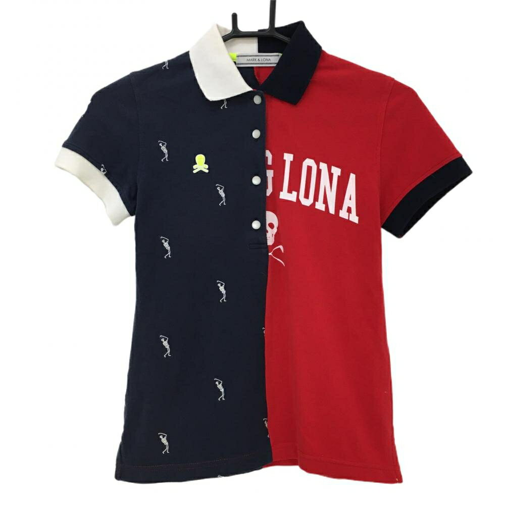 MARK & LONA - マークアンドロナ 半袖ポロシャツ レッド×ネイビー×白 ネイビー地ゴルファースカル柄 バイカラー レディース XS ゴルフウェア MARK＆LONA