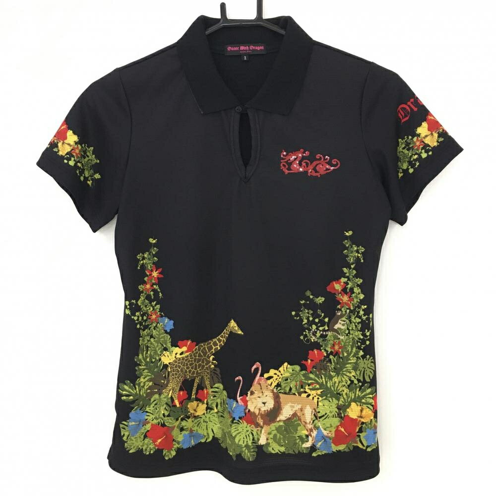 【美品】ダンスウィズドラゴン 半袖スキッパーシャツ 黒×マルチ 裾袖アニマル レディース 2(M) ゴルフ..