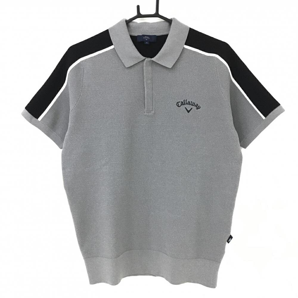 【当店ポイント5倍！3月11日(火)1時59分まで！】【超美品】キャロウェイ ニット半袖ポロシャツ グレー×黒 ロゴ刺しゅう メンズ M ゴルフウェア 2023年モデル Callaway