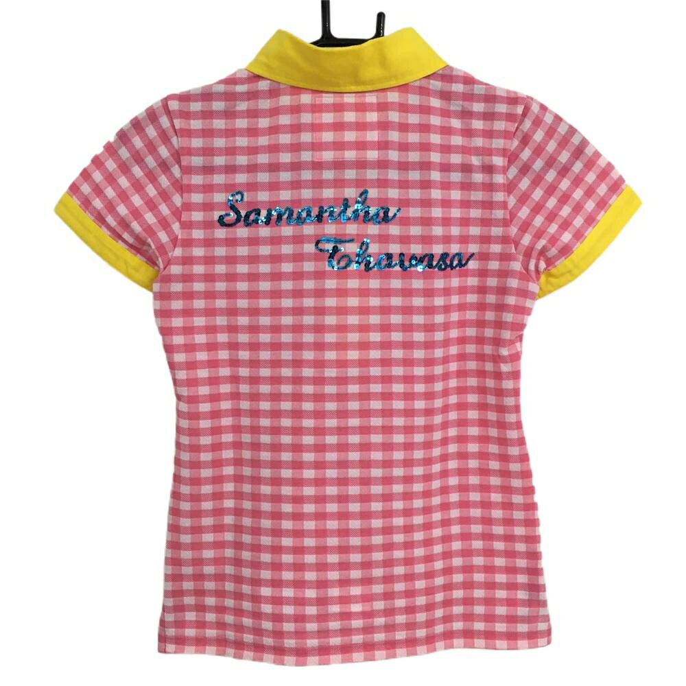 【美品】サマンサタバサ UNDER25 半袖ポロシャツ ピンク×イエロー ギンガムチェック レディース M ゴルフウェア Samantha Thavasa