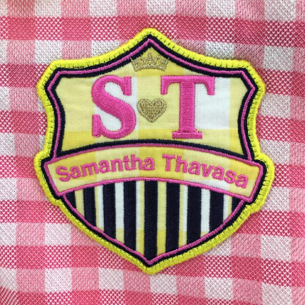 【美品】サマンサタバサ UNDER25 半袖ポロシャツ ピンク×イエロー ギンガムチェック レディース M ゴルフウェア Samantha Thavasa