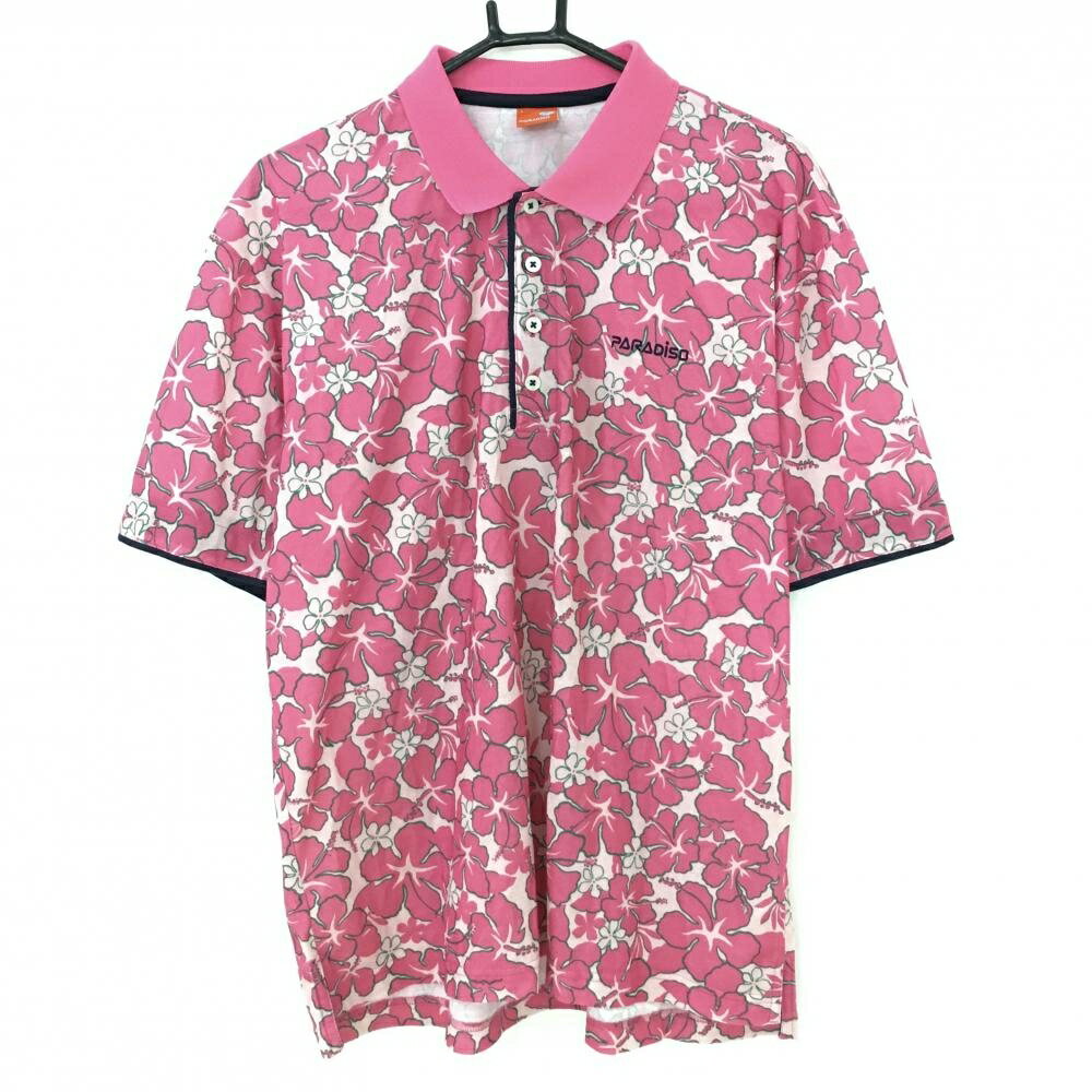 PARADISO - 【美品】パラディーゾ 半袖ポロシャツ ピンク×ネイビー ハイビスカス総柄 ロゴ刺しゅう メンズ L ゴルフウェア Paradiso