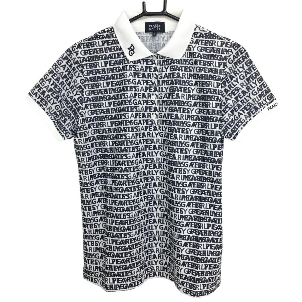 ★特価35%OFF★【新品】パーリーゲイツ 半袖ポロシャツ 白×黒 ロゴ総柄 レディース 2(L) ゴルフウェア 2023年モデル PEARLY GATES