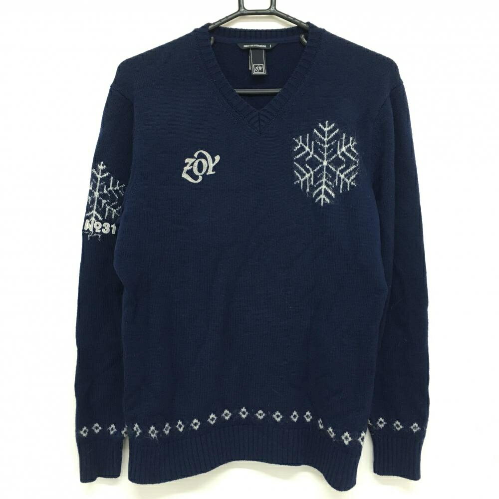 ★特価35%OFF★【美品】ゾーイ セーター ネイビー×白 Vネック ロゴ刺しゅう 結晶 羊毛100％ ニット メンズ 1(S) ゴルフウェア ZOY