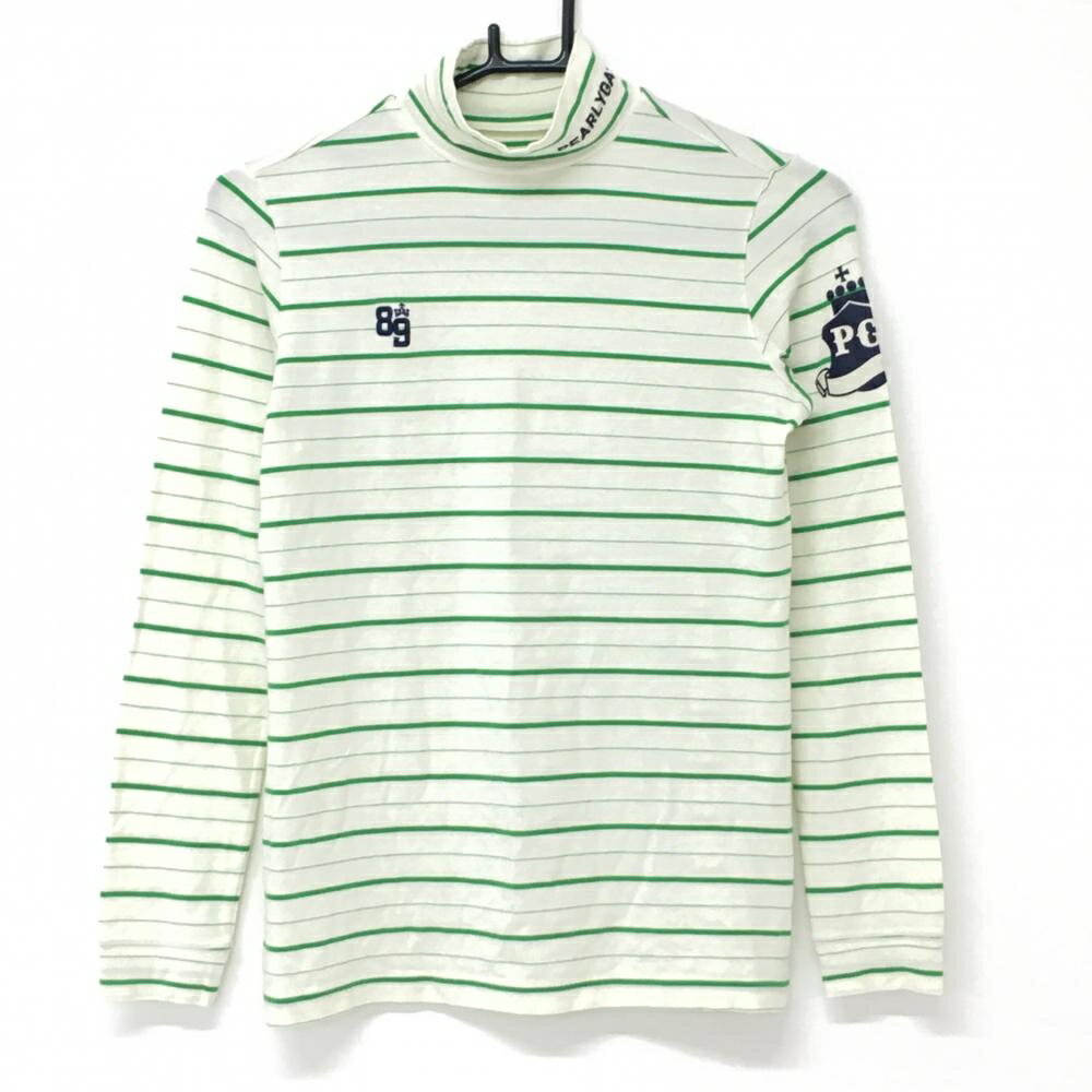 PEARLY GATES - 【美品】パーリーゲイツ 長袖ハイネックシャツ 白×ライトグリーン ボーダー 表微起毛 レディース 1(M) ゴルフウェア PEARLY GATES