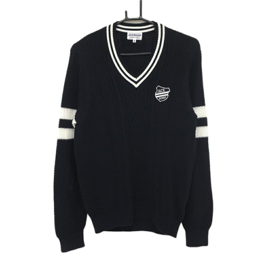 ★特価35%OFF★【美品】ジャックバニー セーター ネイビー×白 Vネック ロゴワッペン コットン混 ニット メンズ 5(L) ゴルフウェア Jack Bunny