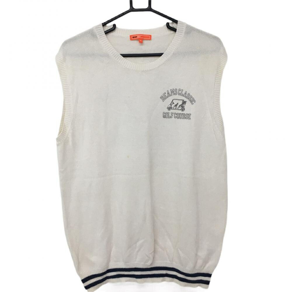 ★特価35%OFF★ビームスゴルフ ニットベスト 白×ネイビー 綿100％ カートプリント メンズ XL ゴルフウェア BEAMS GOLF