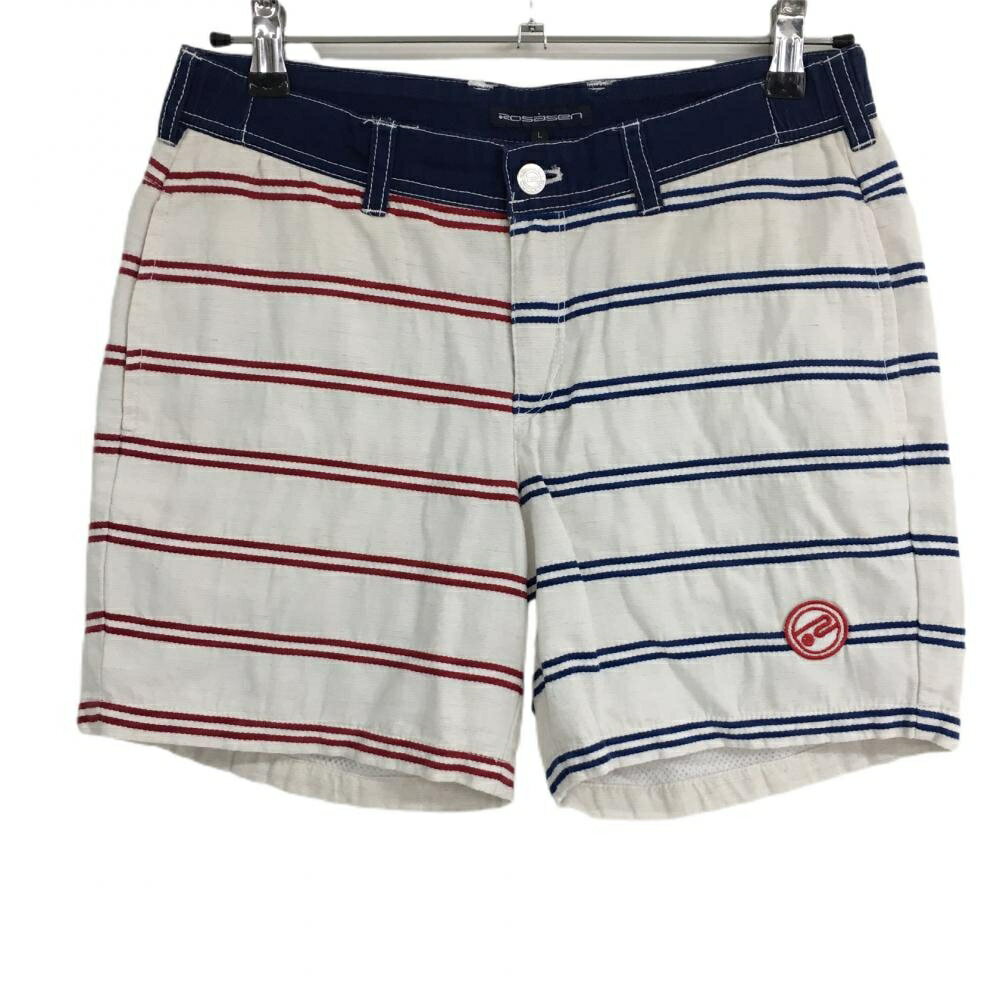 ロサーセン ショートパンツ 白×ネイビー ボーダー柄 ロゴワッペン レディース L ゴルフウェア Rosasen