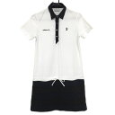 ★特価★【美品】アディダス 半袖ポロワンピース 白×ネイビー 斜めストライプ織生地 ボーダー織生地 レディース L/G ゴルフウェア adidas