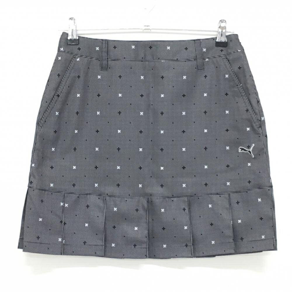 【超美品】プーマ スカート 黒×白 チェック 総柄 裾プリーツ ロゴ刺しゅう レディース M ゴルフウェア ..
