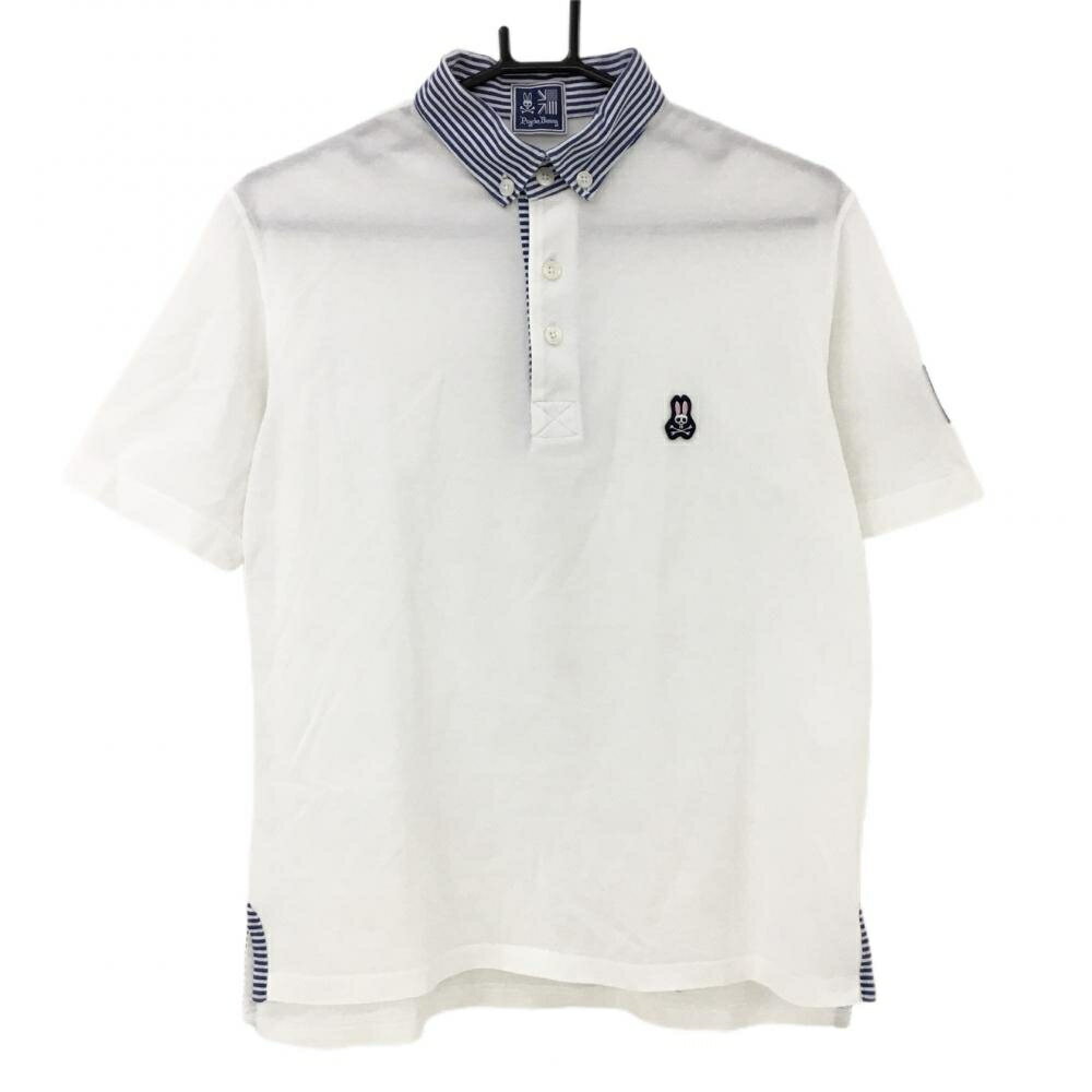★特価35%OFF★サイコバニー 半袖ポロシャツ 白×ブルー 襟ボーダー ボタンダウン ワッペン メンズ L ゴルフウェア Psycho Bunny