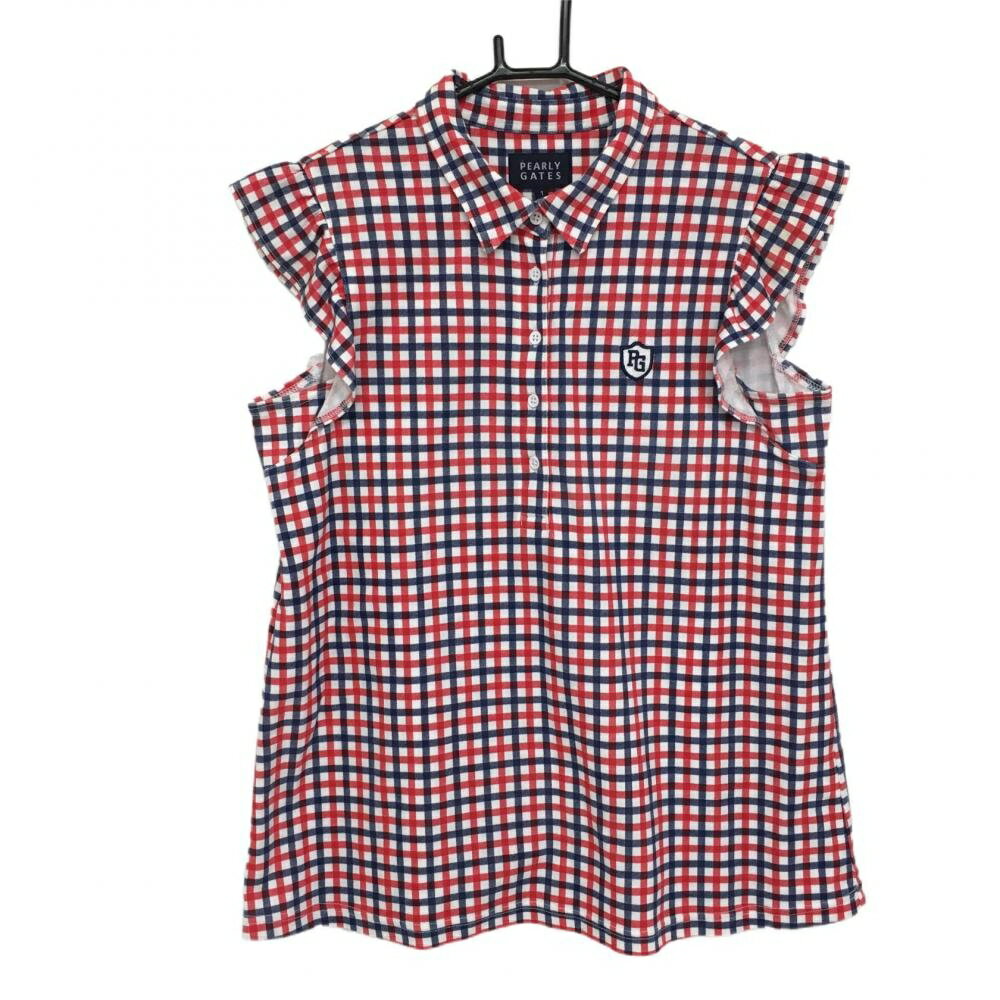 パーリーゲイツ ノースリーブポロシャツ 白×レッド×ネイビー チェック 袖フリル　 レディース 1(M) ゴ..