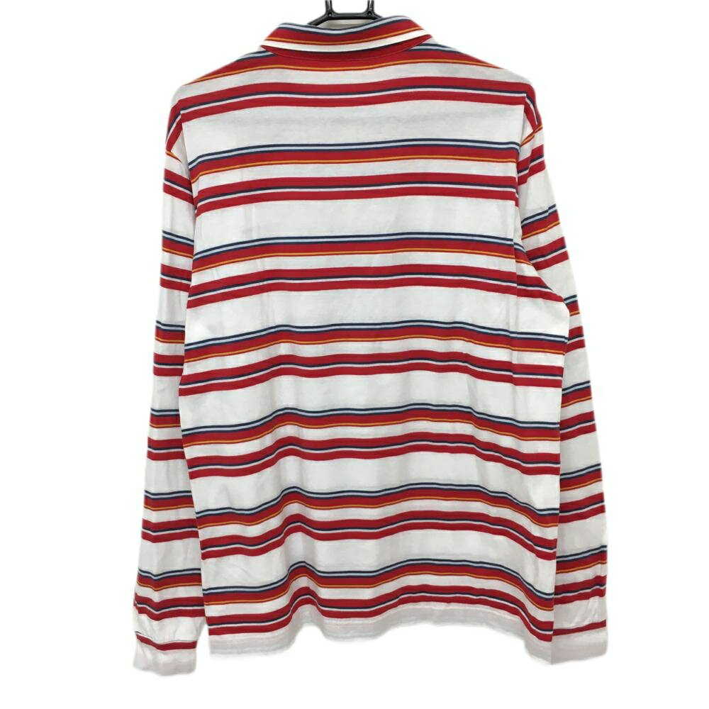 【超美品】ヒールクリーク 長袖ポロシャツ 白×レッド ボーダー ポケットメッシュ メンズ 52(XL) ゴルフウェア Heal Creek