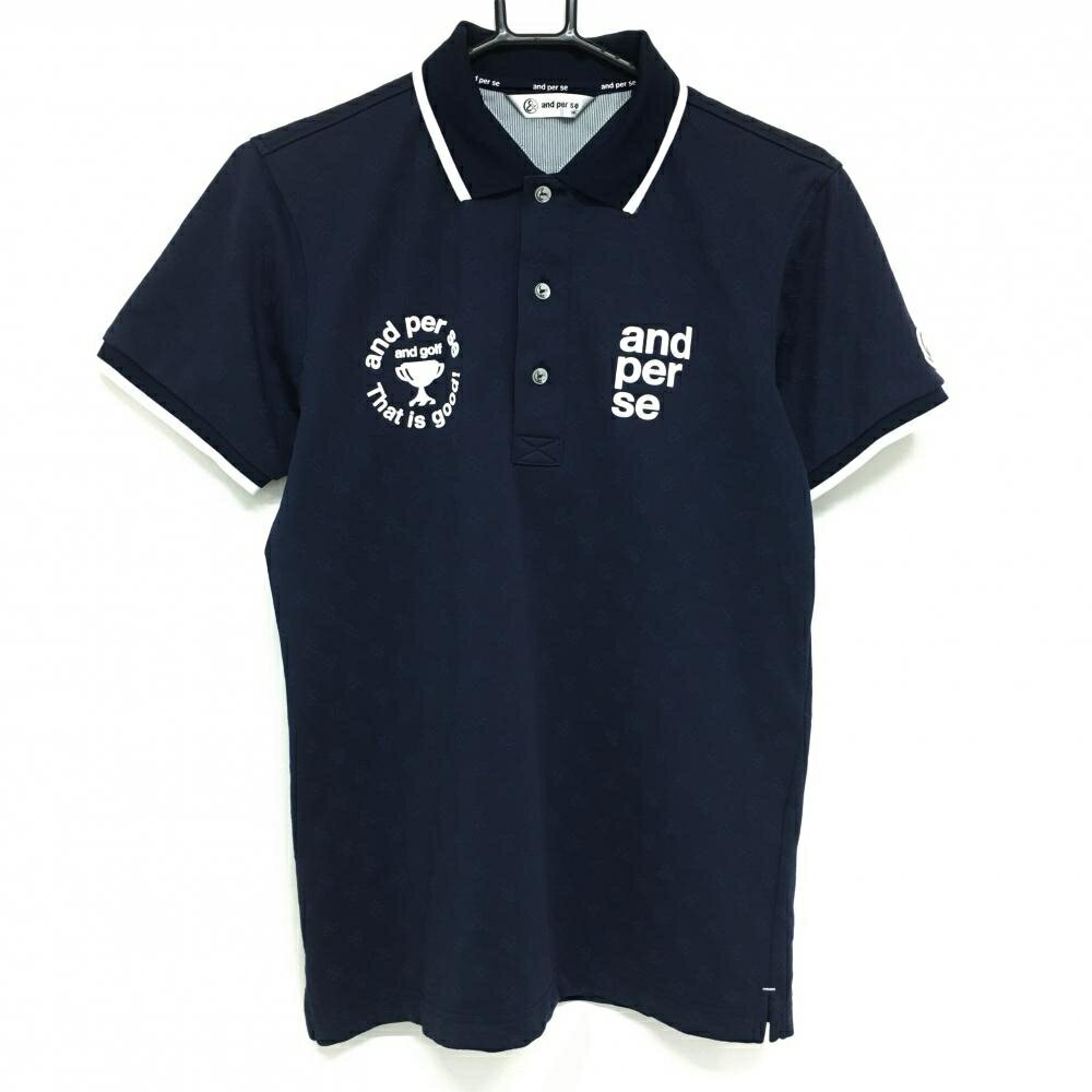 ★特価25%OFF★【美品】アンパスィ 半袖ポロシャツ ネイビー ロゴ総柄織生地 ロゴプリント白 メンズ M ゴルフウェア and per se