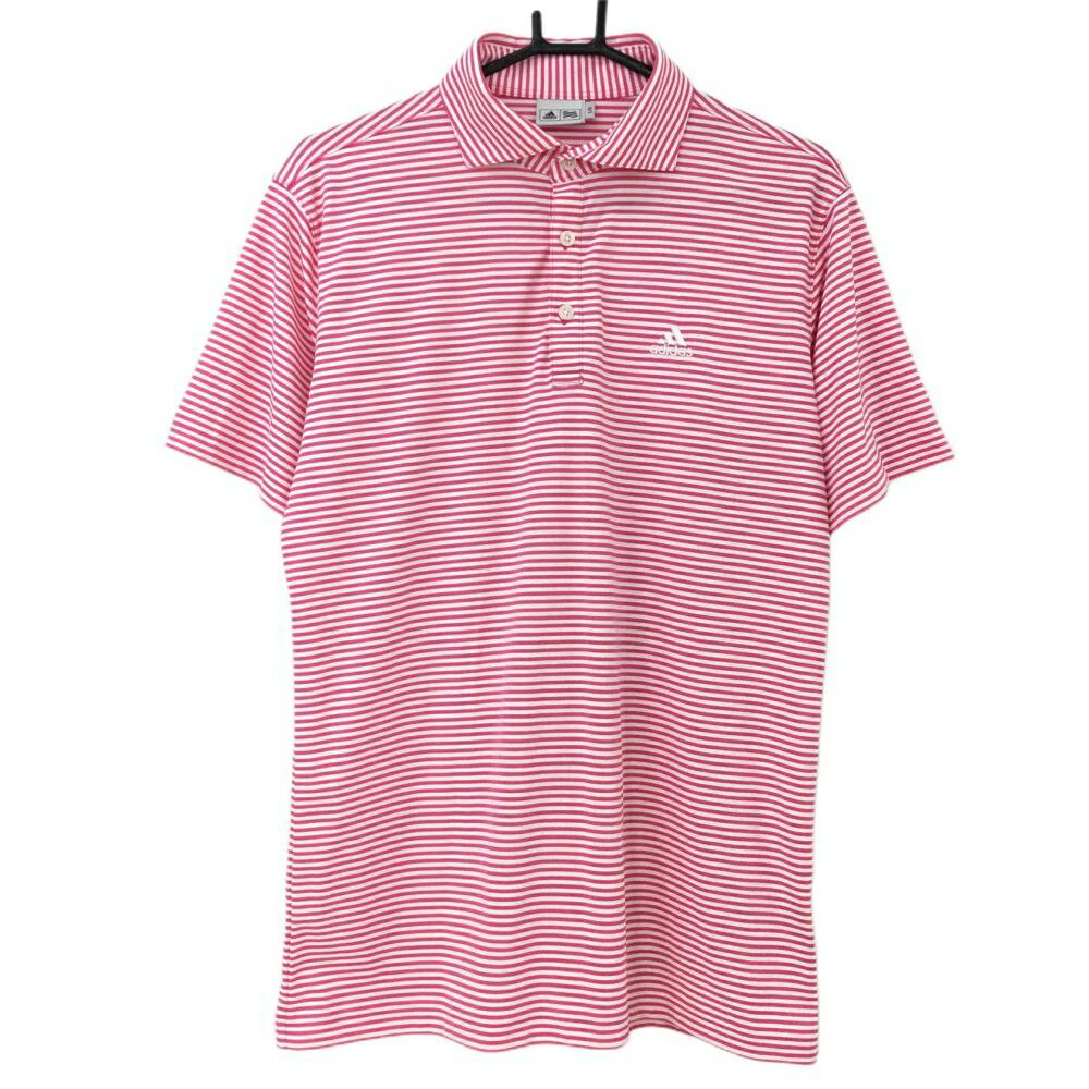 ★特価25%OFF★【超美品】アディダス 半袖ポロシャツ 白×ピンク ボーダー ロゴ刺しゅう メンズ L/G(L) ゴルフウェア adidas
